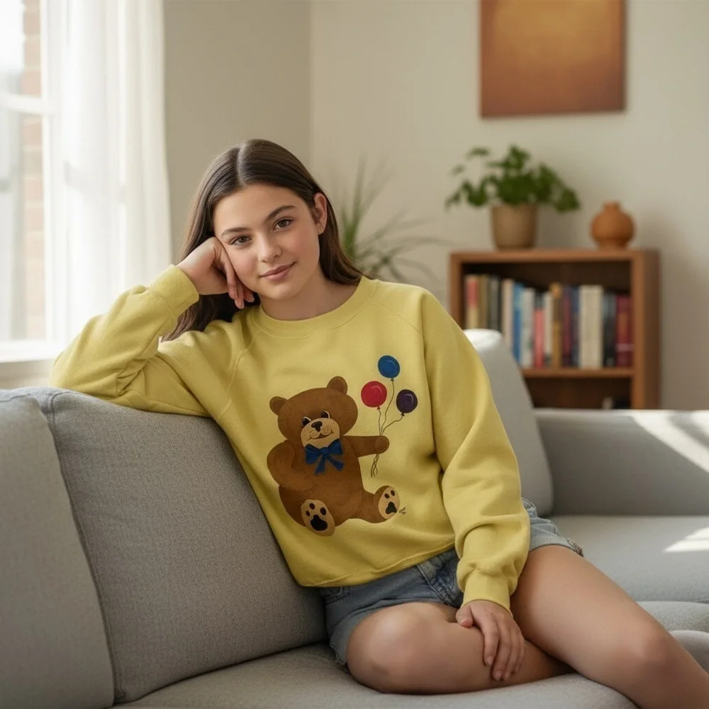 Vintage 80’s Bassett Walker Pale Yellow/Teddy Bear  Crewneck Sweatshirt Sz 10/12